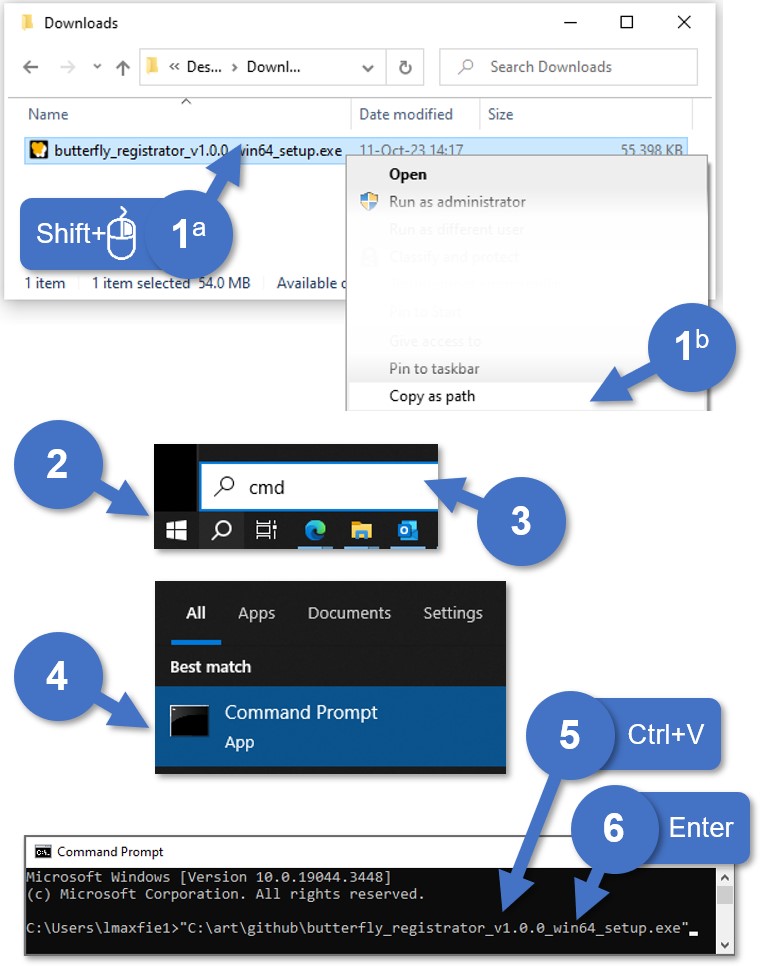 Sequence of screenshots showing how to run the Butterfly Registrator installer with the command prompt.