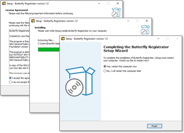 Two screenshots of the Butterfly Registrator installer: 1) the first page showing the license agreement, and 2) the final page confirming a completed install.