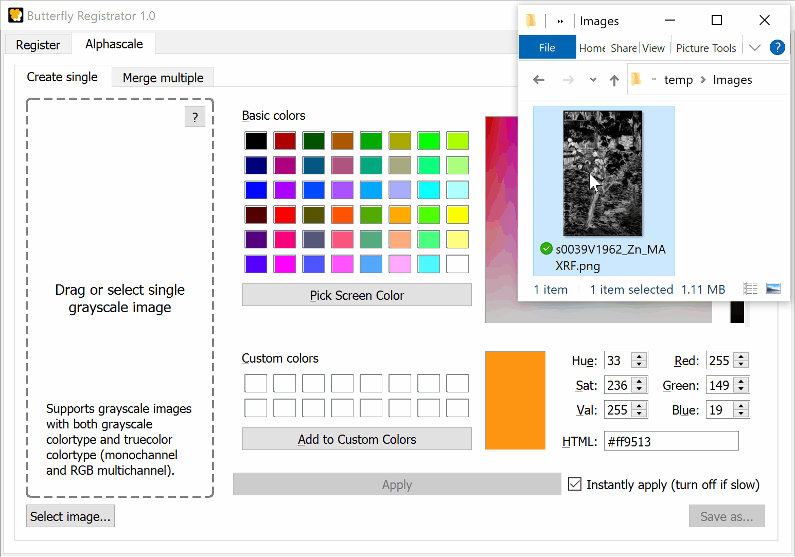 Animated screencapture of the Butterfly Registrator showing an XRF map dragged into the alphascale converter, the color picker selector being changed, and the save alphascale shown in the Butterfly Viewer.