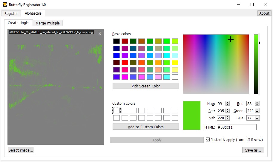 Screenshot of the alphascale chromium map with green selected in the color picker of the Registrator's alphascale converter.