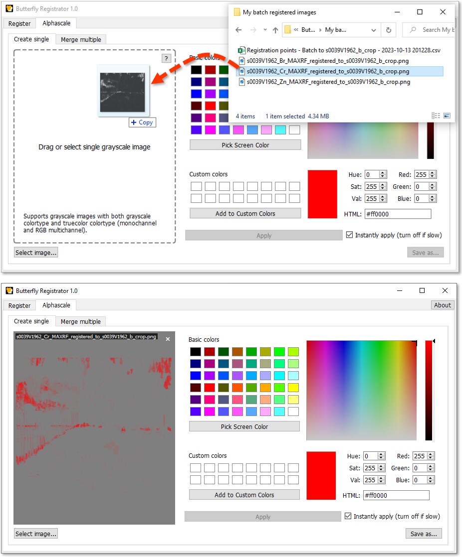 Screenshot of the registered chromium map of Small Pear Tree in Blossom dragged into the alphascale creator of the Registrator.