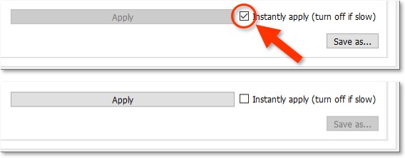 Screenshot of the 'Instantly apply' checkbox checked and unchecked in the Registrator's alphascale converter.