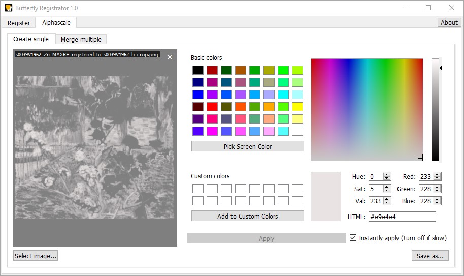 Screenshot of the zinc map in the alphascale converter with a white color selected.