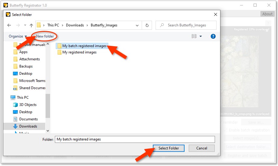 Screenshot of the Registrator showing an open dialog with a new folder created named 'My batch registered images'.