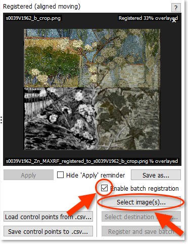 Screenshot of the Registrator indicating the batch mode enabled and the button to select image(s).