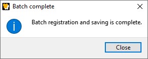 Screenshot of the Registrator showing successful batch registration.