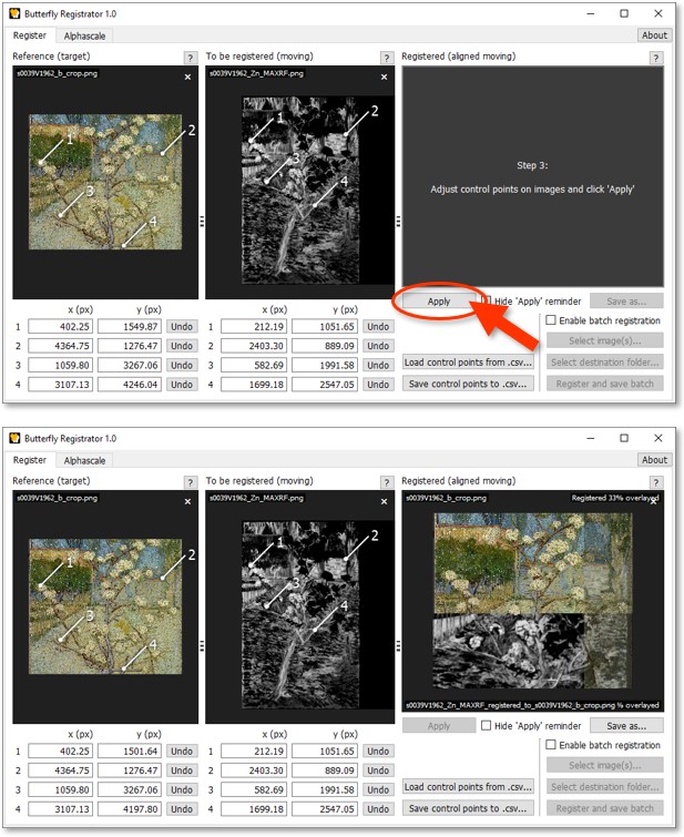 Screenshots of the Registrator showing the registration being applied with the current control points.