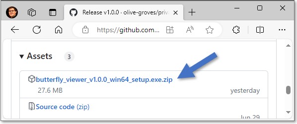 Screenshot showing the download link of the Butterfly Viewer installer ZIP on its GitHub repo.