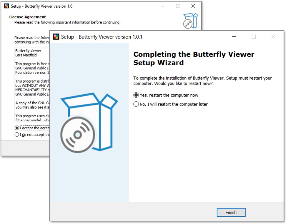 Two screenshots of the Butterfly Viewer installer: 1) the first page showing the license agreement, and 2) the final page confirming a completed install.