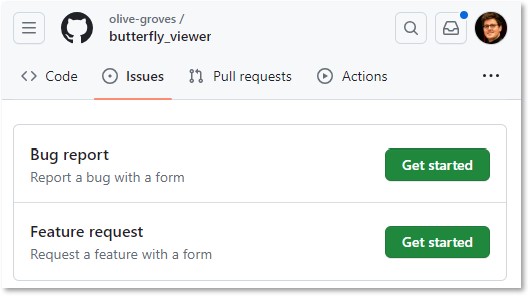 GitHub New Issue page showing bug report and feature request options.