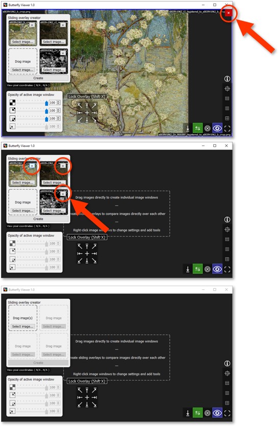 Screenshots showing the sliding overlay image window being closed and the tiles of the creator being cleared.