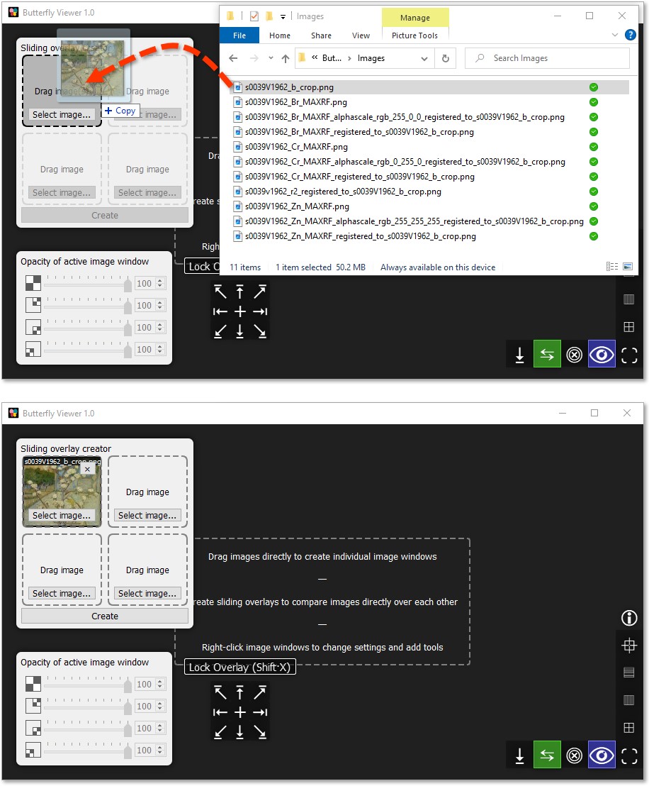 Screenshot showing the color photo being dragged into the top-left base tile of the Viewer's sliding overlay creator.