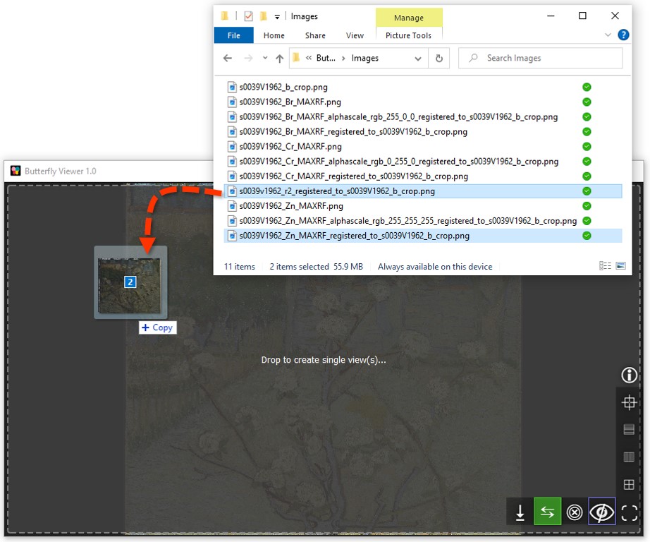 Screenshots showing the raking light and zinc map dragged into the Viewer's main area.