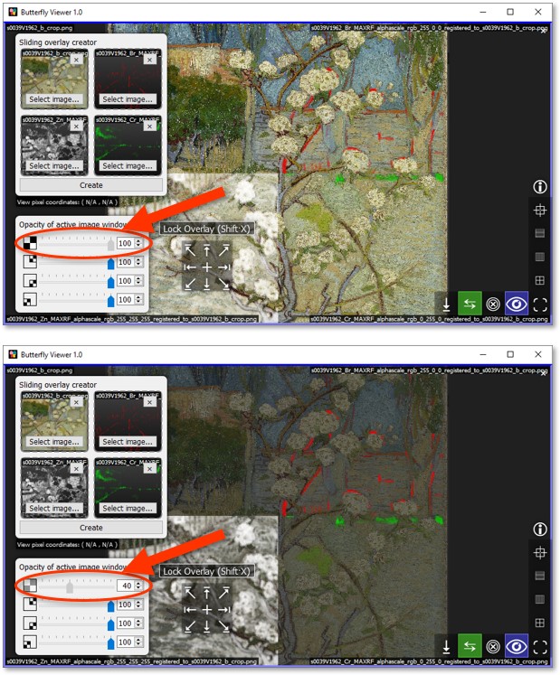 Screenshots showing the opacity of the base color image being changed.