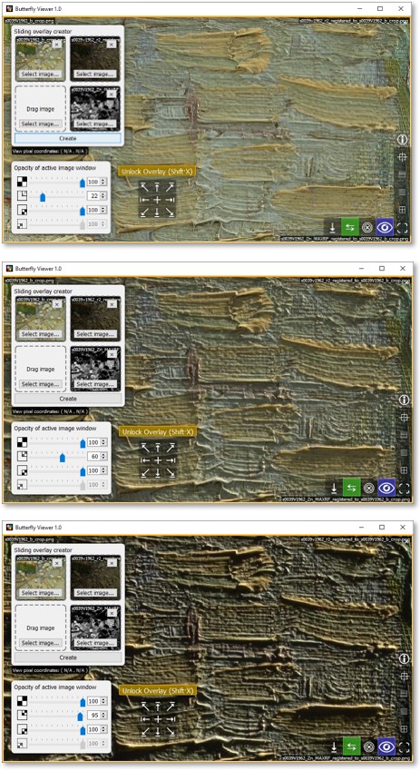 Screenshots showing the opacity of the raking light image being changed with the sliding overlay split locked.
