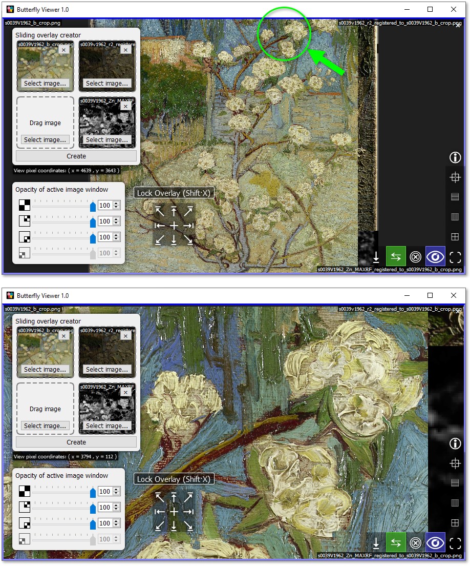 Screenshots showing a zoom section of the sliding overlay.