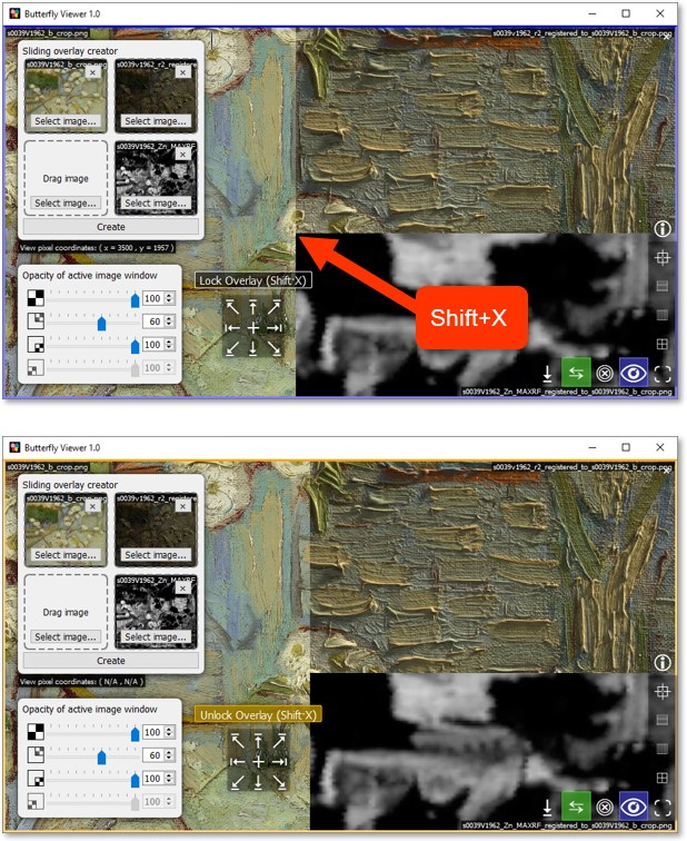 Screenshots showing the split of the sliding overlay before and after being locked.