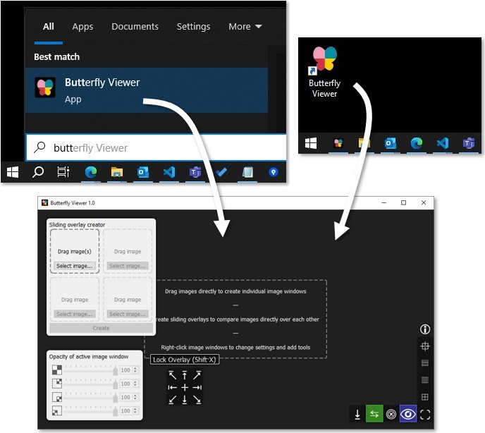 Sequence of screenshots showing a Start menu search for "Butterfly Viewer" with the installed app as the first result and the app's desktop shortcut, with arrows from both pointing at the Viewer's empty startup screen.