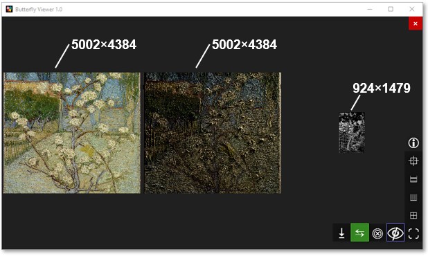 Screenshot showing an unregistered zinc element map compared to the color and raking light images along with their respective dimensions.
